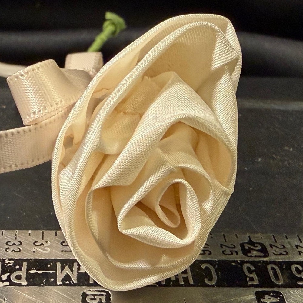 Vintage Handmade Cream Satin Ribbon Rose Fabric Flower with Green Stem/Bow 7"